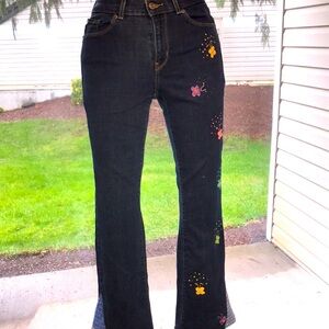 Women’s LEVI’S BOOT CUT Dark Blue Sz 6 UPCYCLED EMBROIDERED CROCHETED Jeans